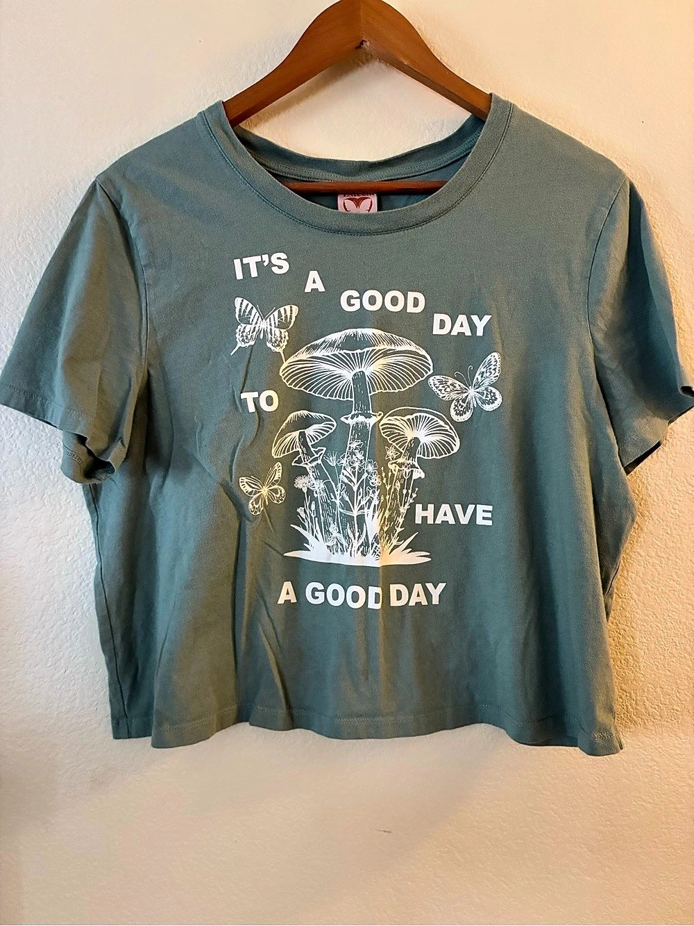 Self Esteem Good Days Ahead Mushroom Graphic Crop T-Shirt Tee XL Green
